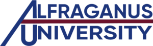 Alfraganus University logo, blue text with a red line separating the two words horizontally
