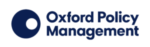 OPM logo, blue text Oxford Policy Management next to blue circle with smaller white circle inner right.