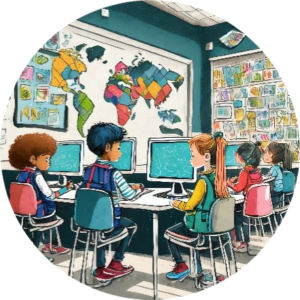 School children sit at computers in a classroom.